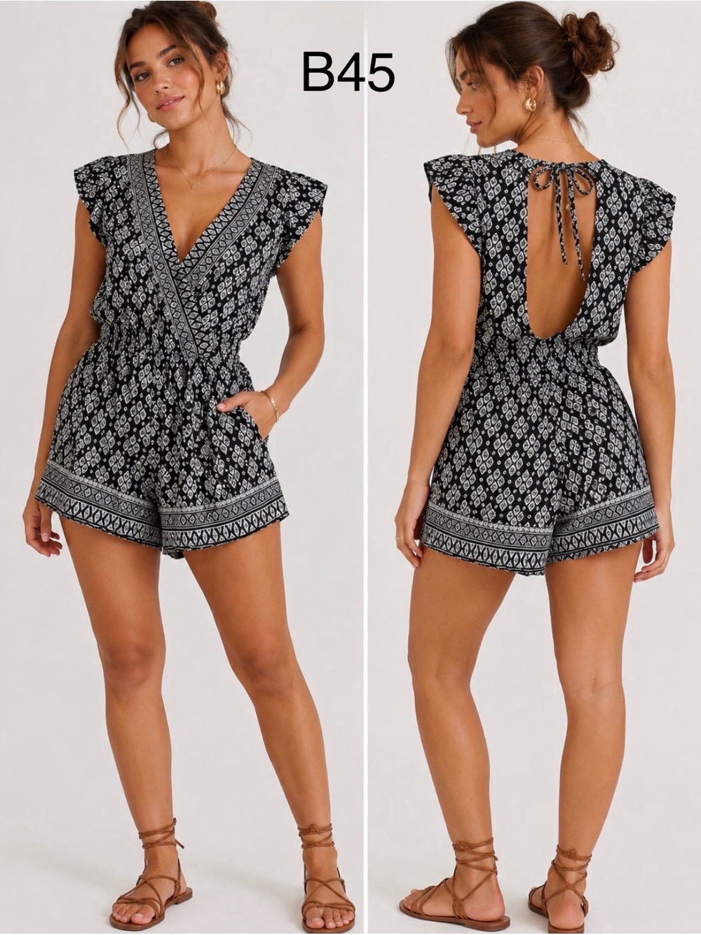 Mudd Summer Black and White Printed Romper with Tie Waist, Size Small